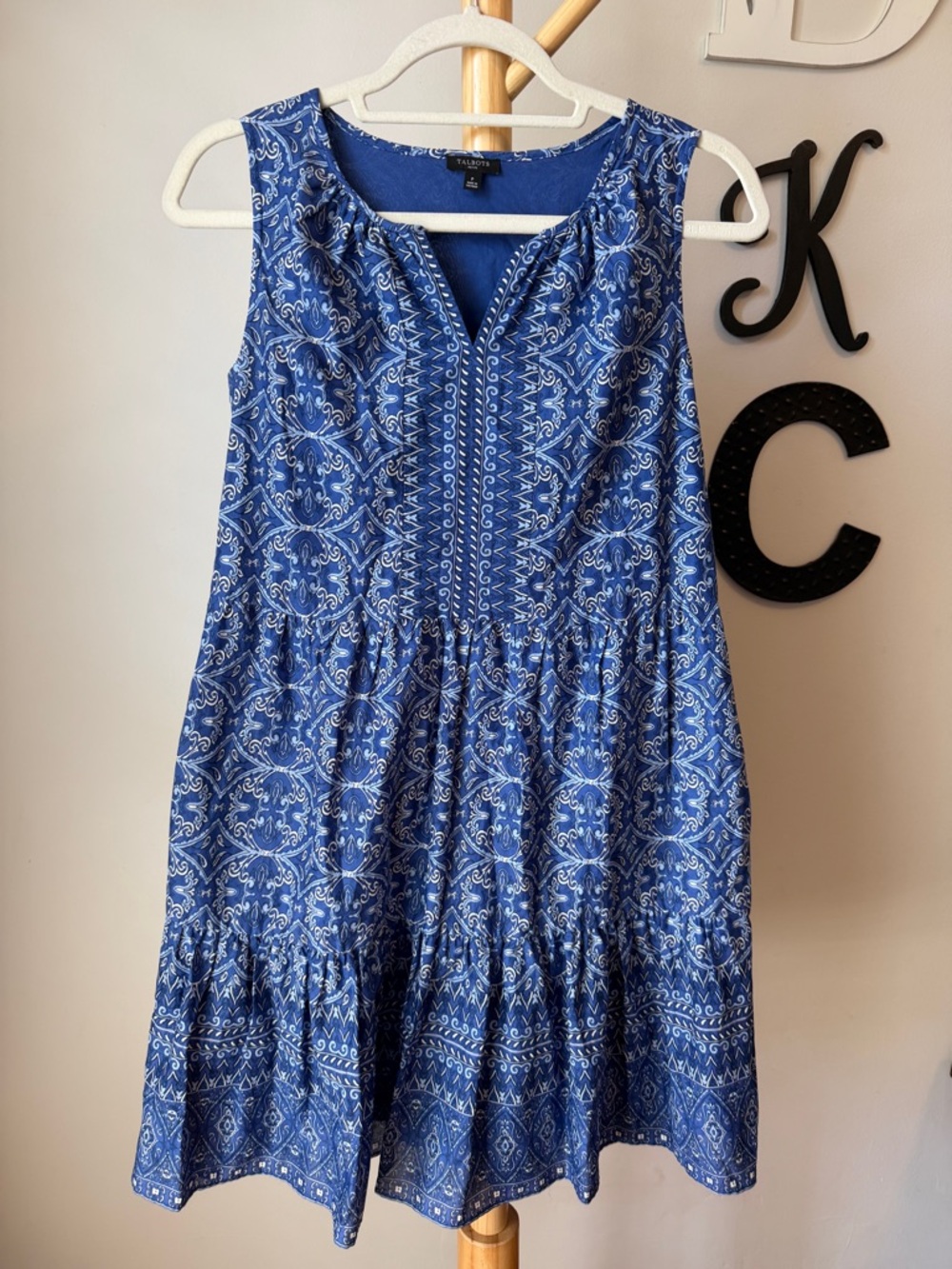 Talbots Sleeveless Voile Swing Dress Blue White Petite 100% Cotton summer